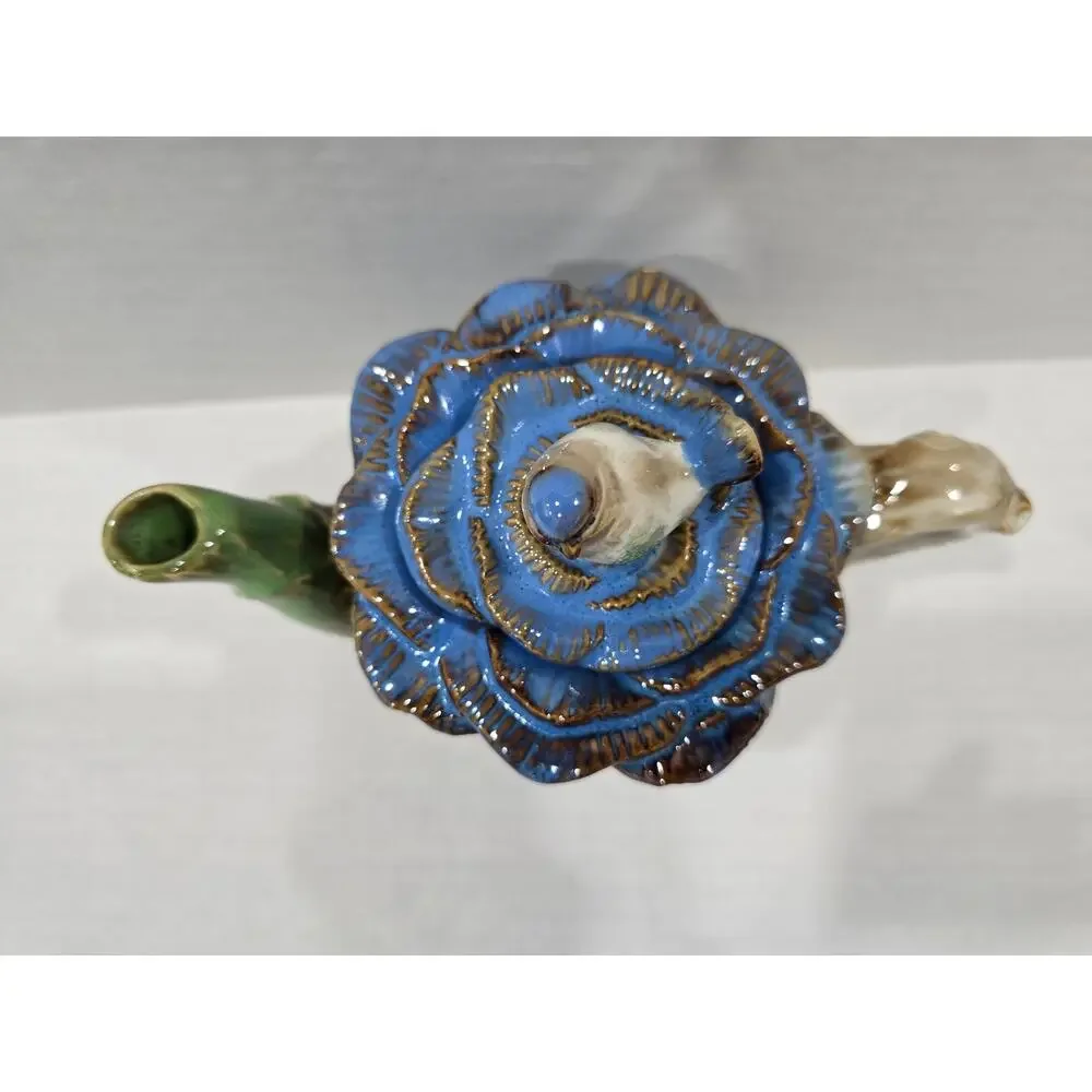 Majolica Style Cabbage Rose Bluebird Finial Ceramic Teapot Floral Decor
